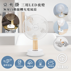 【aibo】桌/夾/掛三用 LED夜燈 6.6吋無線自動旋轉充電風扇-HA-FAN1157