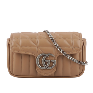 GUCCI GG Marmont 交叉縫線皮革翻蓋肩背/斜背鏈包(mini款)/裸粉色