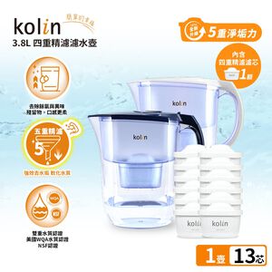 Kolin 歌林 3.8L濾水壺(內含四重濾芯*1)+五重淨垢濾芯12入(共1壺13芯/適用Brita)