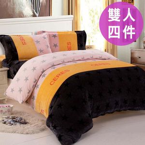 三浦太郎-優質法蘭絨雙人四件式床包被套組/粉舞星辰