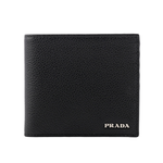 PRADA 銀字Logo 粒紋牛皮對開8卡短夾/黑色, , large
