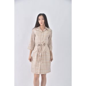 (S) daks質感格紋杏色綁帶洋裝二手衣