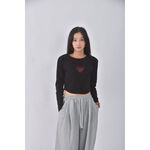 (S) around韓牌修身短版質感愛心黑色長袖上衣二手衣, , large