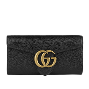 GUCCI Marmont 金色標誌粒紋皮革釦式二折長夾/黑色