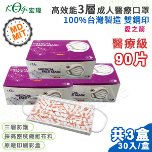 【宏瑋】台灣製 MD+MIT 雙鋼印 高效能三層不織布 醫療級 醫用成人口罩 90入(愛之箭)