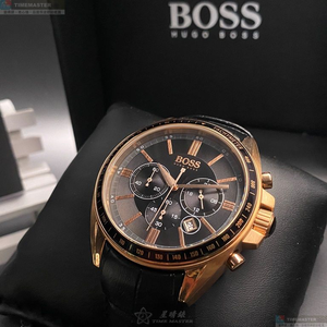 [星晴錶業]BOSS手錶,44mm,HB1513092黑色錶面玫瑰金錶殼深黑色真皮皮革錶帶款