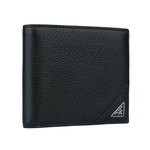 PRADA 銀字三角牌Logo 粒紋皮革對開多卡層短夾/黑色, , large