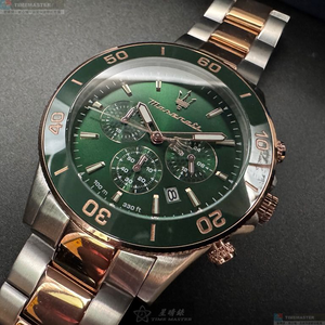[星晴錶業]MASERATI手錶,44mm,R8873600004墨綠色錶面金綠色錶殼金銀相間精鋼錶帶款