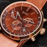 [星晴錶業]BOSS手錶,42mm,HB1513605古銅色錶面玫瑰金錶殼咖啡色真皮皮革錶帶款, , large
