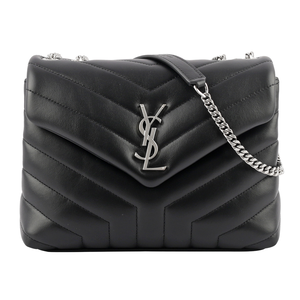 YSL LOU LOU V紋銀鍊小牛皮斜背包/黑色