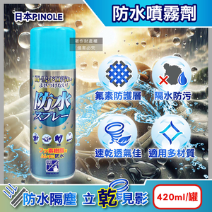 [日日好物]日本PINOLE-氟素型多材質撥雨隔塵抗油污透明速乾防水噴霧劑420ml/罐(鞋包衣物耐水萬用保護劑/沙發套織品保養防潑水/登山滑雪裝備透氣疏水)