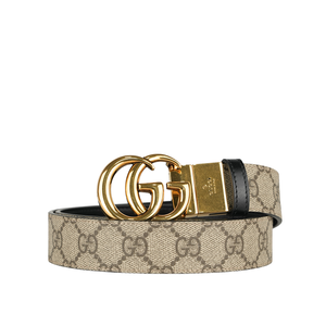 GUCCI 金色GG Logo 帆布及皮革雙面可用皮帶 80cm/米色/黑色