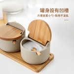 【上手家居】陶瓷竹木蓋調味罐 2罐組 2罐+2勺+底座(調味料罐/鹽罐/調料罐/調味盒), , large