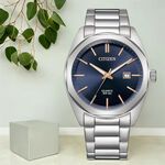CITIZEN 星辰 限量 紳士日期手錶 送禮-銀x藏藍/41mm BI5110-54H, , large