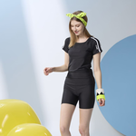 Monina Taiwan-made short-sleeved two-piece swimsuit with white piping on shoulders, black, , large