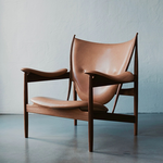 Brown ash wood and genuine leather armchair, , large