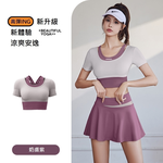 【A&R】顯瘦蜜桃拼色假兩件運動短袖上衣 奶膚紫,S, , large