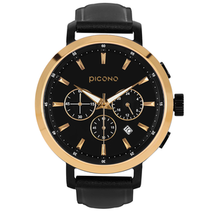 【PICONO】D-Time 真三眼多功能系列真皮錶帶手錶-黑金色 / DT-9201