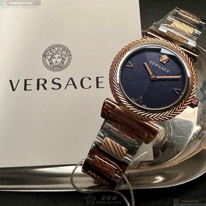 [星晴錶業]VERSACE手錶,36mm,VS13131寶藍色錶面玫瑰金錶殼金銀相間精鋼錶帶款