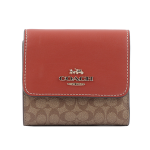 COACH 金色Logo 拼色塗層帆布及皮革三折短夾(卡其/紅棕)