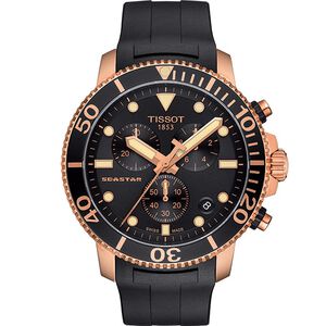 TISSOT 天梭 Seastar 1000 海洋之星300米計時手錶-黑x玫塊金框  T1204173705100