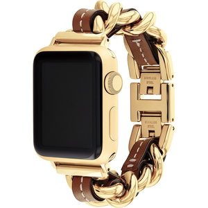 COACH Apple Watch 錶帶 38/41mm 適用 鍊帶結合皮錶帶- 金x咖(不含手錶)
