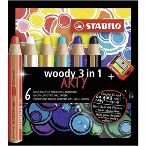 STABILO 德國 思筆樂 woody 3 in 1 ARTY 伍迪樂三合一可水洗水彩粉蠟筆 附削筆器 6支組/盒 ST8806-1-20