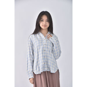 (L) uniqlo排扣格紋藍色襯衫上衣二手衣