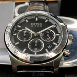 [星晴錶業]BOSS手錶,42mm,HB1513752黑色錶面銀錶殼深黑色真皮皮革錶帶款, , large