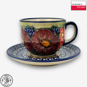 【SOLO Vintage】Cerraf Polish Pottery 200ml Coffee Cup + Saucer Set Banquet of Elegant Red Series Made in Poland