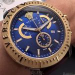 [星晴錶業]VERSACE手錶,46mm,VS11331寶藍色錶面金色錶殼咖啡色真皮皮革錶帶款, , large