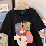 大尺碼-蝴蝶結 印花 圓領T恤-黑-0101146, , large