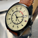 [星晴錶業]TommyHilfiger手錶,44mm,TH00033米黃色錶面黑錶殼咖啡色真皮皮革錶帶款, , large