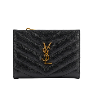 YSL 山形紋魚子醬皮金字拉鍊零錢袋二折短夾/黑色