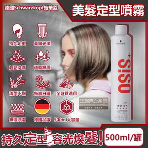 [日日好物]德國Schwarzkopf施華蔻-OSiS+ SESSION極致定型瞬乾持久美髮造型噴霧500ml/消光灰罐(3號黑炫風專業沙龍,防潮耐汗髮型噴劑,防熱塑型髮膠)