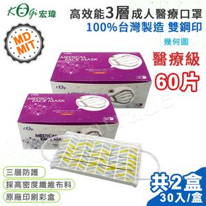 【宏瑋】台灣製 MD+MIT 雙鋼印 高效能三層不織布 醫療級 醫用成人口罩 60入(幾何圖)