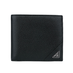 PRADA 銀字三角牌Logo 粒紋皮革對開多卡層短夾/黑色, , large