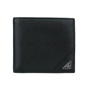 PRADA 銀字三角牌Logo 粒紋皮革對開多卡層短夾/黑色