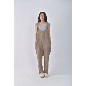 (F) 【金莎私服】caco丹寧牛仔吊帶棉質純棉棕色長褲二手衣