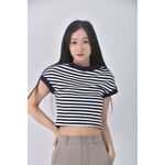 (S) topdressing韓牌質感修身短版條紋藍色短袖上衣二手衣, , large