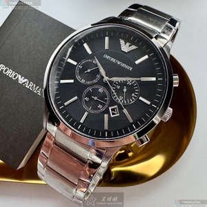 [星晴錶業]ARMANI手錶,46mm,AR00075黑色錶面銀錶殼銀色精鋼錶帶款