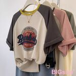 大尺碼-印花 插肩 圓領T恤-深灰/粉-0101143, , large