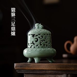 【A&R】招財開運 青瓷貔貅三足鼎香爐 