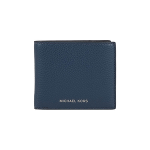 Michael Kors 銀字Logo 荔枝皮革對開證件照短夾(海軍藍)