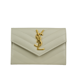YSL 山形紋荔枝皮金字logo小卡/短夾/復古白
