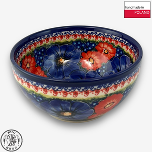 【SOLO Vintage】Cerraf Polish Pottery 16cm Bowl Red and Blue Blossoming Elegance Series Made in Poland
