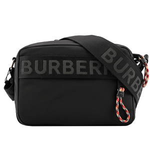 BURBERRY Logo細節緹花編織拉鍊斜背包/黑色
