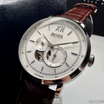 [星晴錶業]BOSS手錶,44mm,HB1513505銀白色錶面銀錶殼咖啡色真皮皮革錶帶款, , large