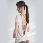 YOGA FLOW Open Back Tshirt - 短袖優雅垂墜後背V領罩衫 - 蕎麥, , large
