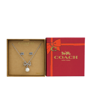 COACH 玻璃珍珠針式耳環+玻璃珍珠蝴蝶結項鍊飾品禮盒/銀色